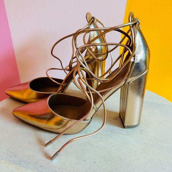 ASOS DESIGN Power Trip Tie Leg Block Heels in Rose Gold - 8 - Picture 2 of 8